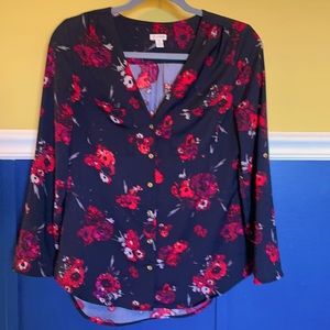 Black with red flowers and gold buttons.